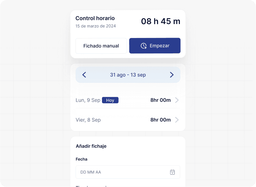 Interfaz de control horario digital mostrando registro detallado de entrada y salida de empleados con fechas, horas y gestión administrativa completa